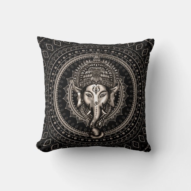 Lord Ganesha - Sepia Black Throw Pillow (Front)