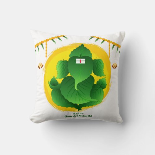 Lord Ganpati Ganesh Chaturthi Beautiful Green_ Eaf Throw Pillow