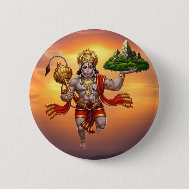 Lord Hanuman Flying Lifting Mountain Button (Front)