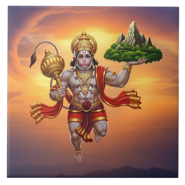 Lord Hanuman Flying Lifting Mountain Ceramic Tile (Front)