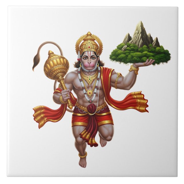 Lord Hanuman Flying Lifting Mountain Ceramic Tile (Front)