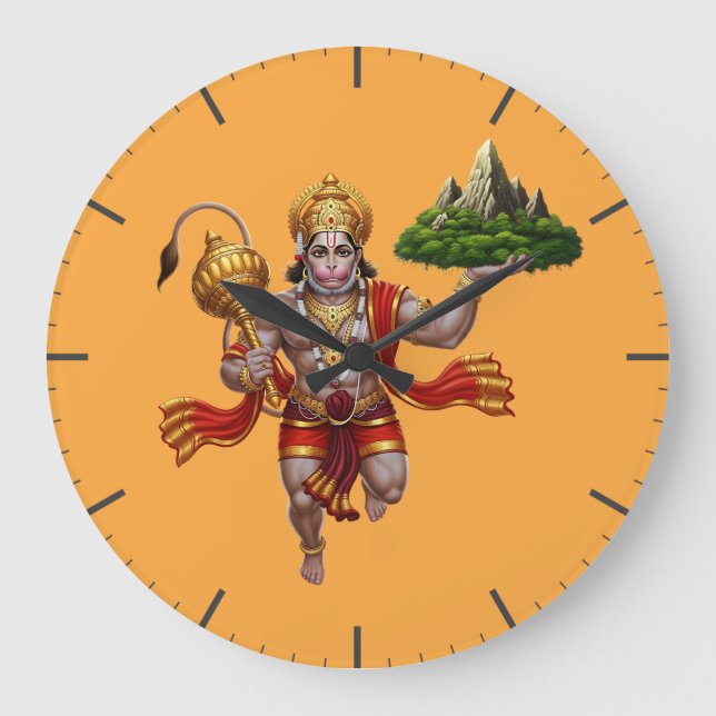 Lord Hanuman Flying Lifting Mountain Large Clock (Front)