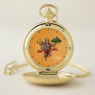 Lord Hanuman Flying Lifting Mountain Pocket Watch
