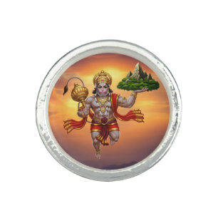 Lord Hanuman Flying Lifting Mountain Ring