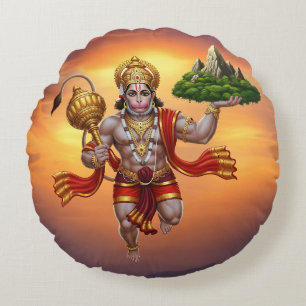Lord Hanuman Flying Lifting Mountain Round Pillow