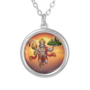Lord Hanuman Flying Lifting Mountain Silver Plated Necklace
