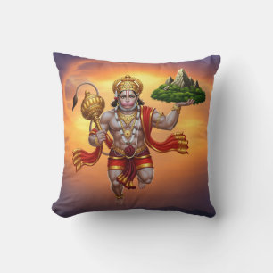 Lord Hanuman Flying Lifting Mountain Throw Pillow