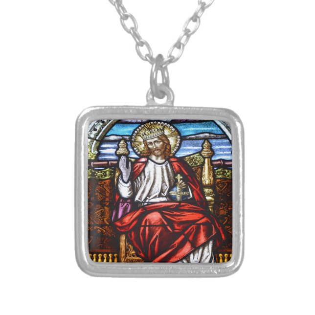 Lord Jesus on throne stained glass Silver Plated Necklace (Front)