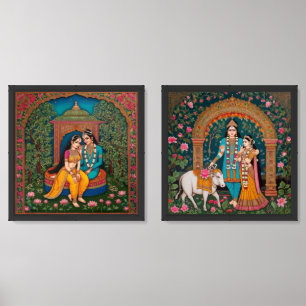 Lord Krishna and Radha Pichwai art Wall Art Sets