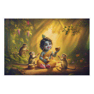 Lord Krishna Eating Butter & Feeding a Monkey Wood Wall Art