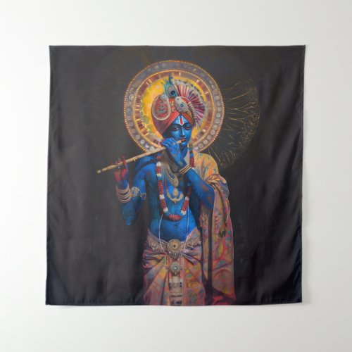 Lord Krishna Pastel Rainbow Colors Black Art Tapestry