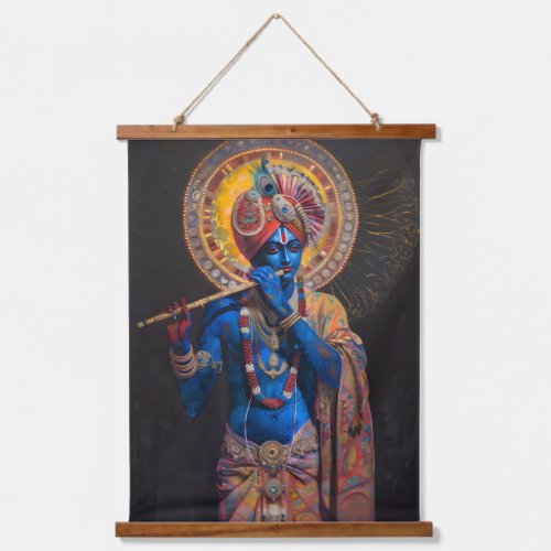 Lord Krishna Pastel Rainbow Colors Black Art Wood Hanging Tapestry