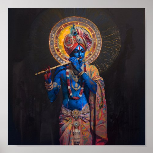 Lord Krishna Pastel Rainbow Colors Black Matte Art Poster
