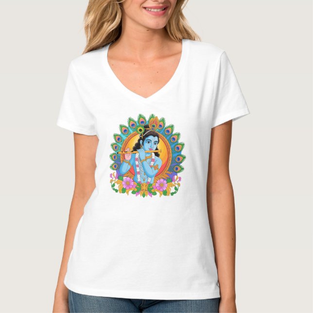 Lord Krishna Playing Flute with Peacock Feathers T-Shirt (Front)