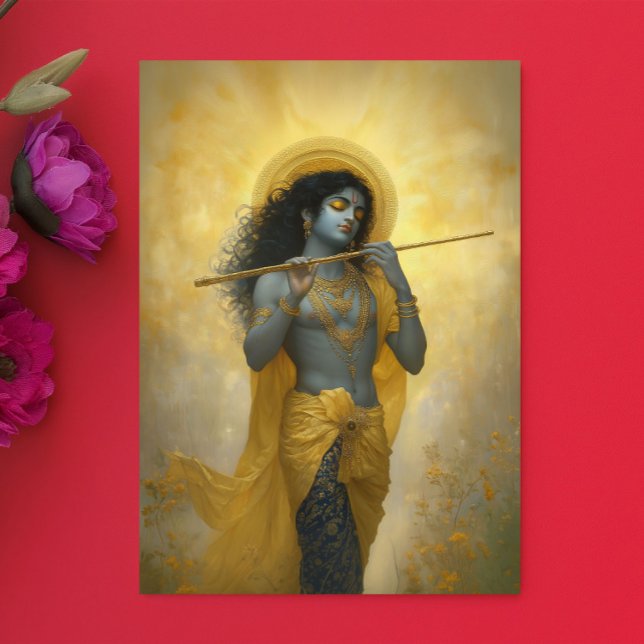 Lord Krishna Playing The Flute Golden Yellow Art Postcard (Creator Uploaded)