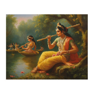 Lord Krishna playing the flute Wall Panting  Wood Wall Art