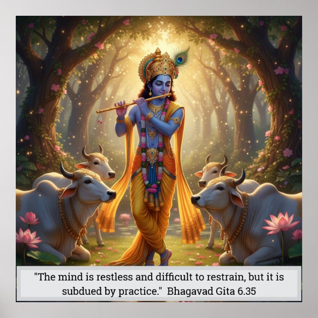 Lord Krishna Vrindavan Forest Flute Playing Divine Poster (Front)