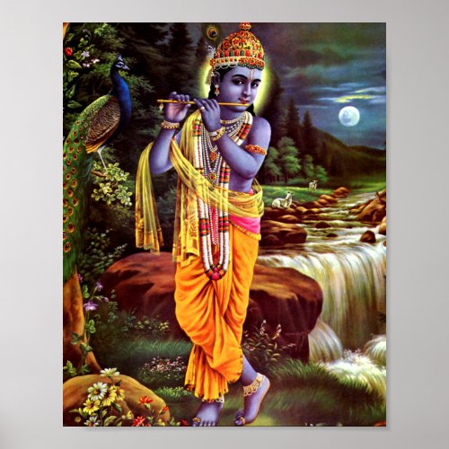 Lord Krishna with Flute Hindu God Poster