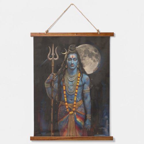 Lord Shiva Black Night Sky Full Moon Art Wood  Hanging Tapestry