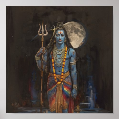 Lord Shiva Black Night Sky Full Moon Matte Art  Poster