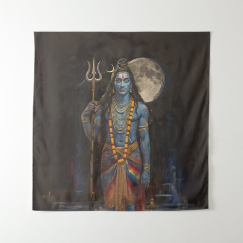 Lord Shiva Black Night Sky Full Moon Matte Art  Tapestry