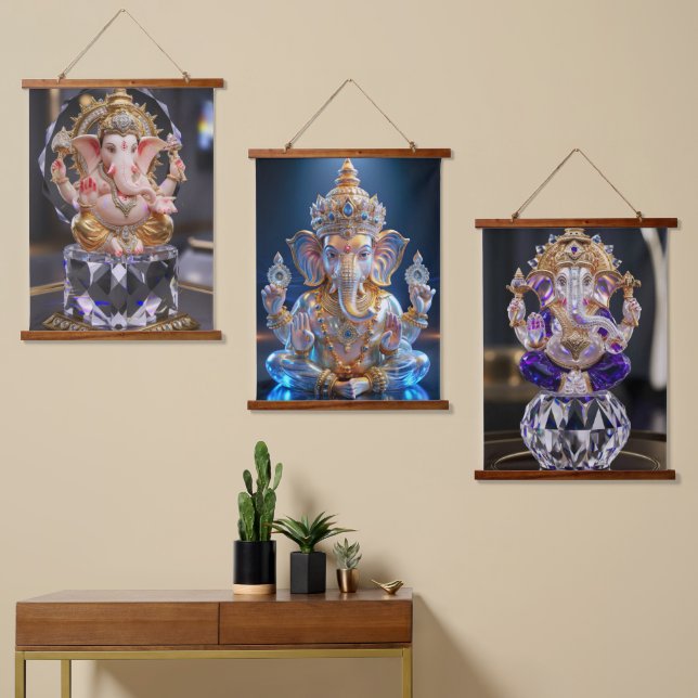  Lord Shree Ganesha Crystal & Diamond Sculpture Hanging Tapestry (Asymmetrical)