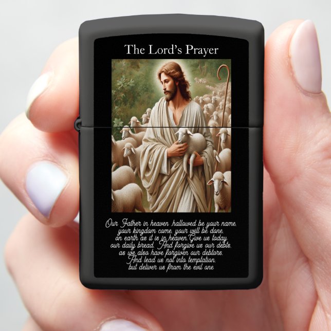 Lord's Prayer Good Shepherd Flock Artwork Zippo Lighter (In Hand)