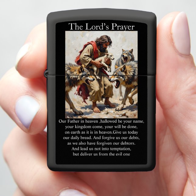 Lord's Prayer Good Shepherd Protecting Lamb Wolves Zippo Lighter (In Hand)