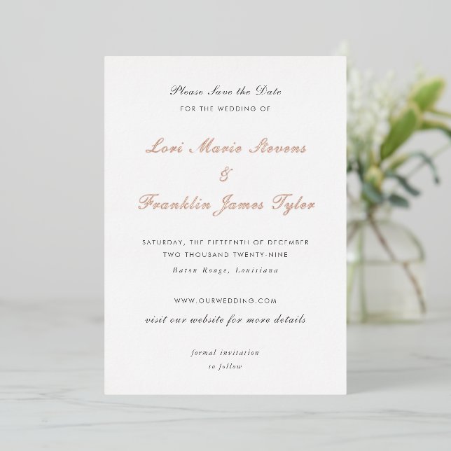 Lori Formal Elegant Wedding Save the Date Foil Invitation (Standing Front)