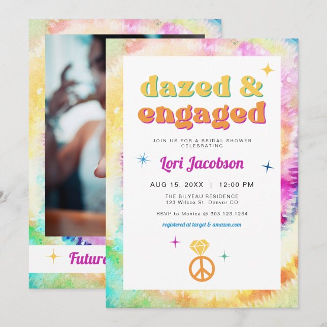 LORI Tie Dye Dazed Engaged 70s Retro Bridal Shower Invitation (Front/Back)