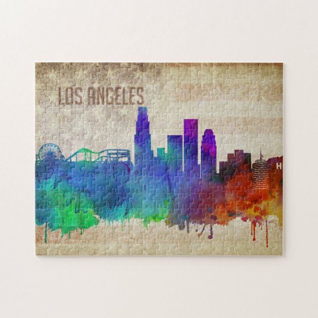 Los Angeles, CA | Watercolor City Skyline Jigsaw Puzzle (Horizontal)