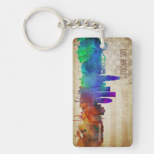 Los Angeles, CA Watercolor City Skyline Keychain