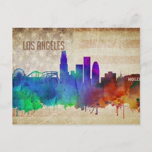 Los Angeles CA  Watercolor City Skyline Postcard