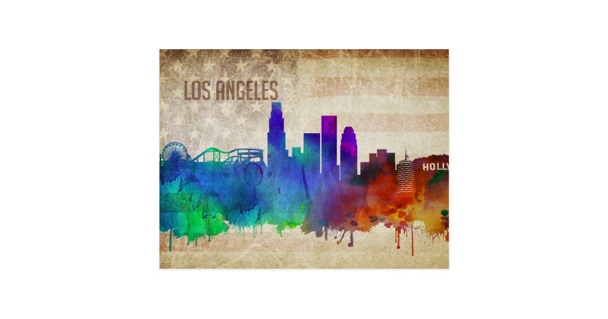 Los Angeles Ca Watercolor City Skyline Postcard Zazzle Com