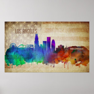 Los Angeles, CA Watercolor City Skyline Poster