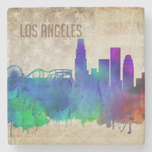 Los Angeles CA  Watercolor City Skyline Stone Coaster