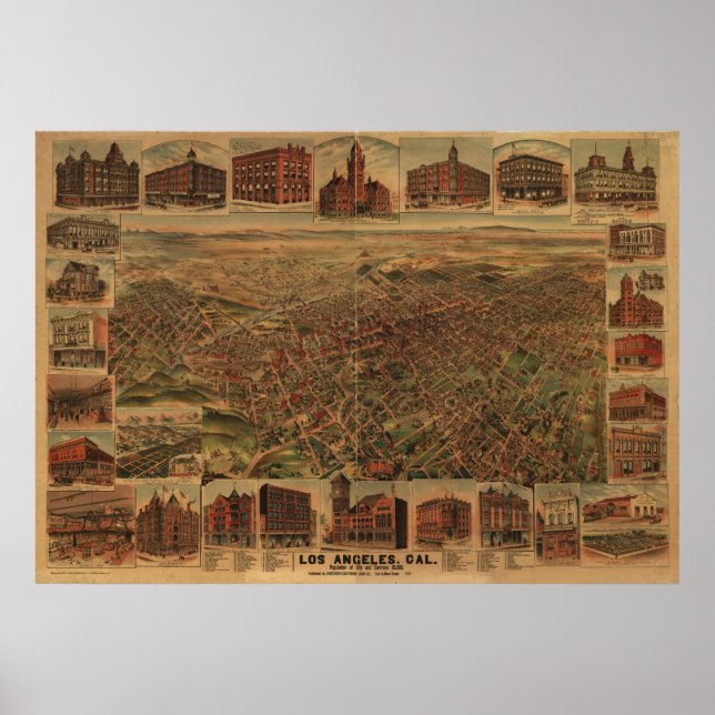 Los Angeles California 1891 Antique Panoramic Map Poster (Front)