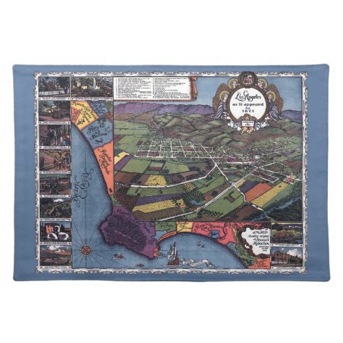 Los Angeles California Antique Aerial City Map Cloth Placemat