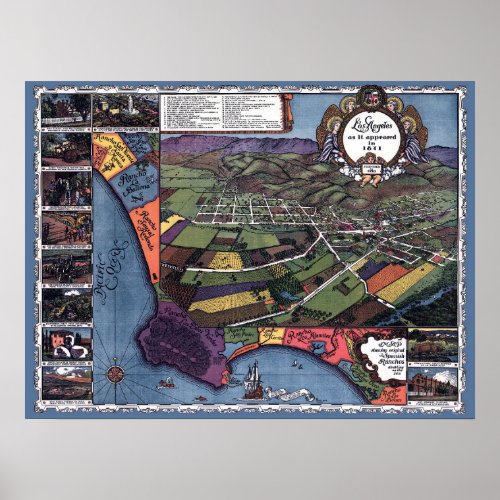 Los Angeles California Antique Aerial City Map Poster