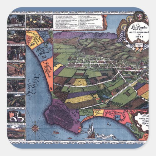 Los Angeles California Antique Aerial City Map Square Sticker