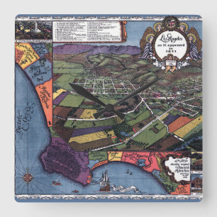Los Angeles, California, Antique Aerial City Map Square Wall Clock