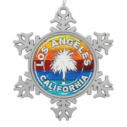 Los Angeles California Beach Palm Tree Surf Sun Snowflake Pewter Christmas Ornament