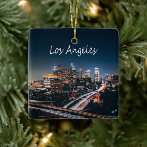Los Angeles California City Skyline at night Ceramic Ornament
