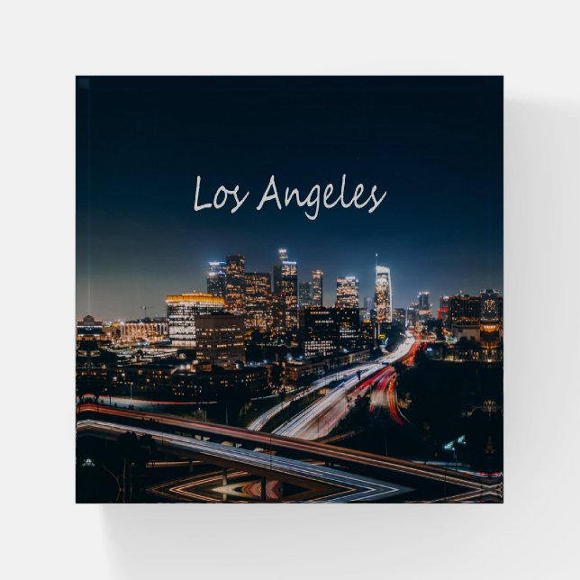 Los Angeles California City Skyline at night Paperweight (Front)