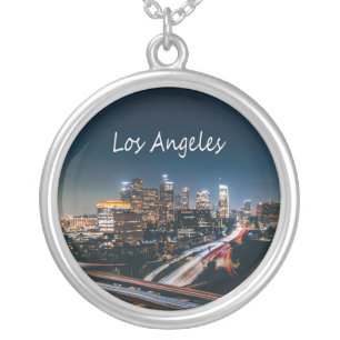 Los Angeles California City Skyline at night Silver Plated Necklace