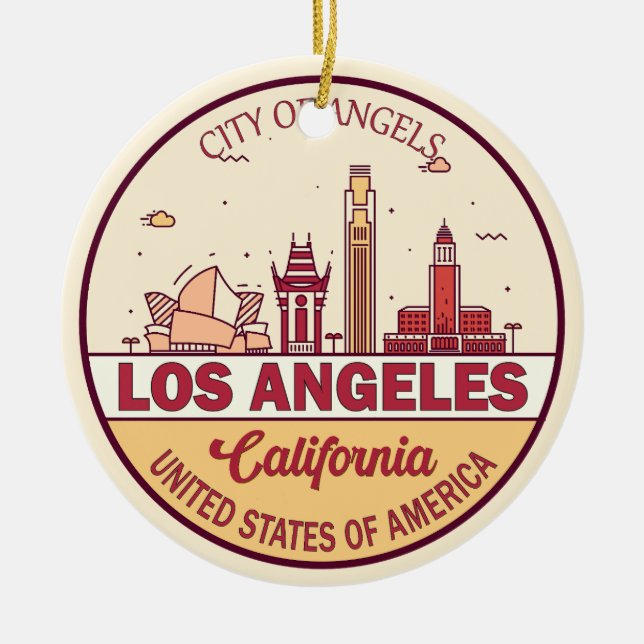 Los Angeles California City Skyline Emblem Ceramic Ornament (Front)
