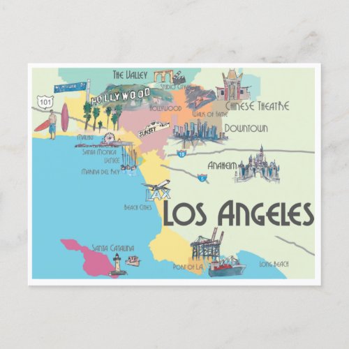 Los Angeles California Clean Iconic City Map Postcard