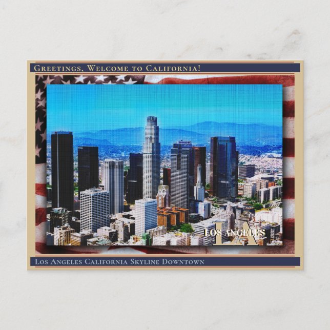 Los Angeles California Skyline Linen + Flag Postcard (Front)