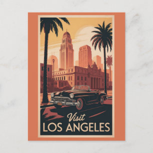 Los Angeles California Vintage Car City Skyline Postcard