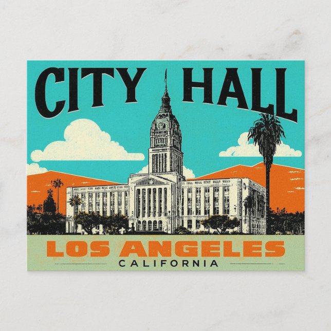 Los Angeles City Hall Retro Art Postcard (Front)